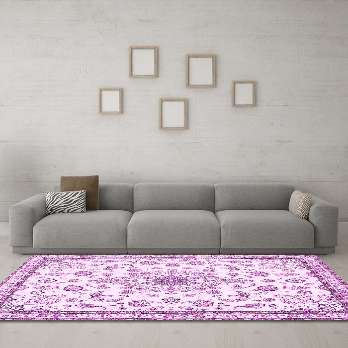 Machine Washable Medallion Pink Traditional Rug in a Living Room, wshtr358pnk