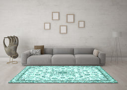 Machine Washable Medallion Turquoise Traditional Area Rugs in a Living Room,, wshtr358turq