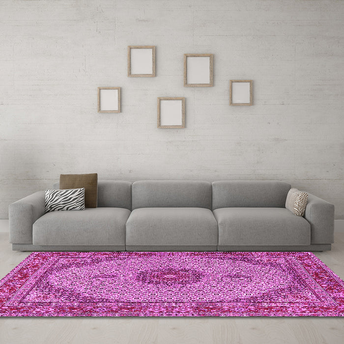 Machine Washable Medallion Pink Traditional Rug in a Living Room, wshtr3590pnk