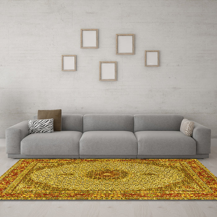 Machine Washable Medallion Yellow Traditional Rug in a Living Room, wshtr3590yw