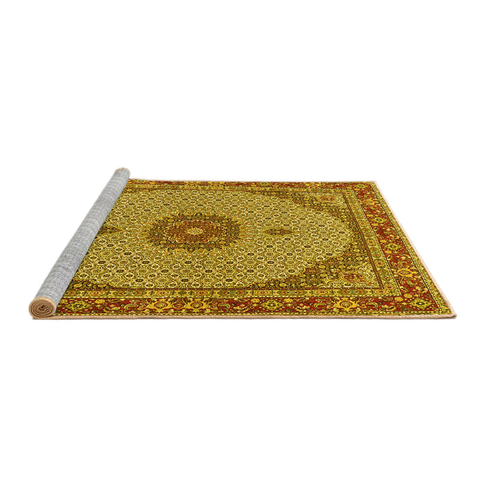 Sideview of Machine Washable Medallion Yellow Traditional Rug, wshtr3590yw