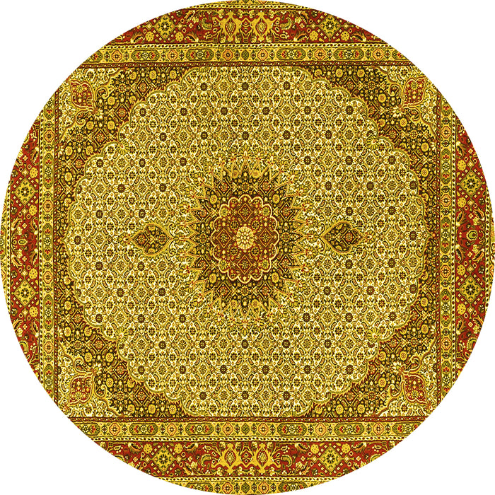 Round Machine Washable Medallion Yellow Traditional Rug, wshtr3590yw