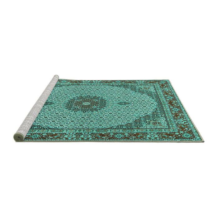 Sideview of Machine Washable Medallion Turquoise Traditional Area Rugs, wshtr3590turq