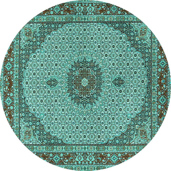 Round Machine Washable Medallion Turquoise Traditional Area Rugs, wshtr3590turq
