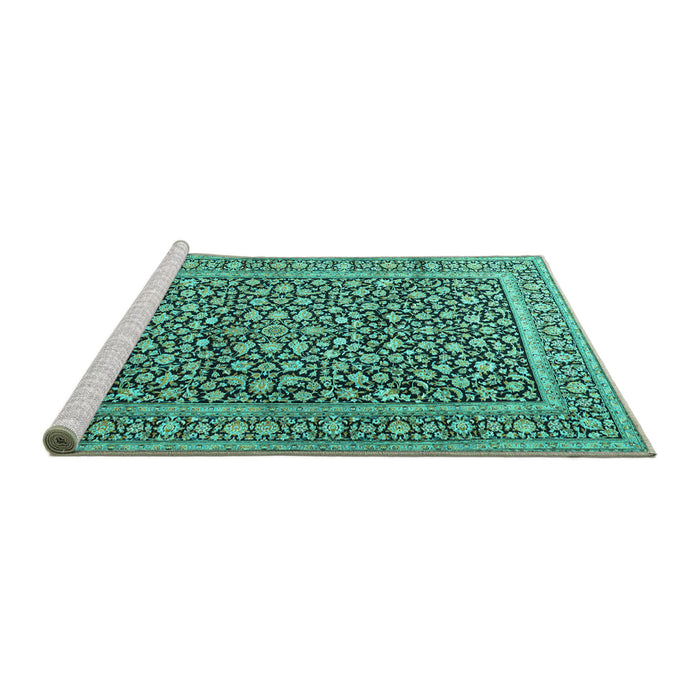 Sideview of Machine Washable Persian Turquoise Traditional Area Rugs, wshtr3591turq