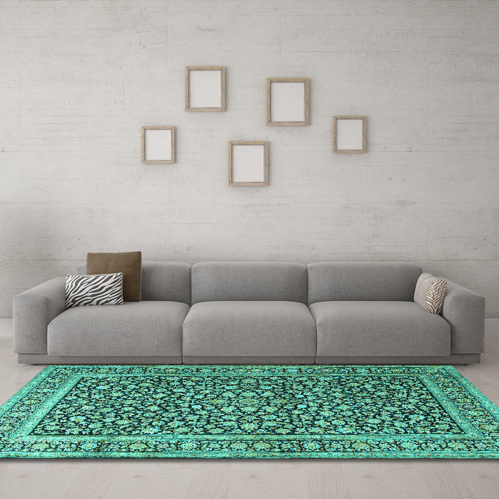 Machine Washable Persian Turquoise Traditional Area Rugs in a Living Room,, wshtr3591turq