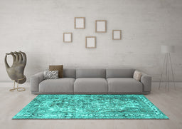 Machine Washable Persian Turquoise Traditional Area Rugs in a Living Room,, wshtr3595turq