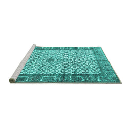 Sideview of Machine Washable Persian Turquoise Traditional Area Rugs, wshtr3597turq