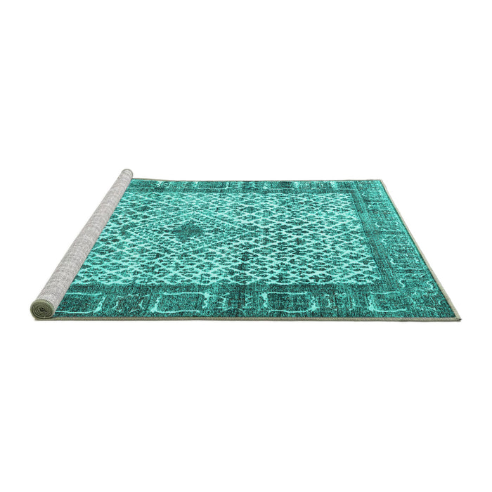 Sideview of Machine Washable Persian Turquoise Traditional Area Rugs, wshtr3597turq