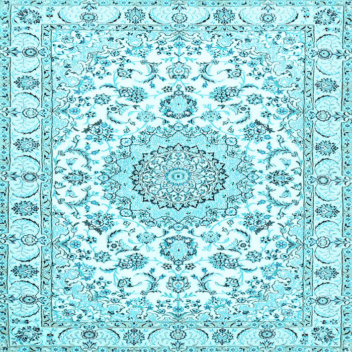 Square Machine Washable Medallion Light Blue Traditional Rug, wshtr359lblu