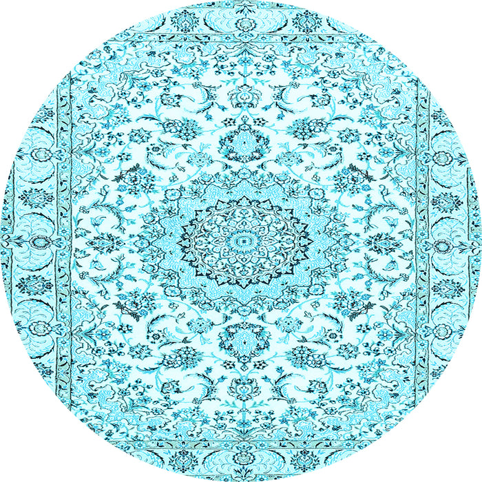 Round Machine Washable Medallion Light Blue Traditional Rug, wshtr359lblu