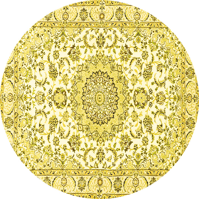 Round Machine Washable Medallion Yellow Traditional Rug, wshtr359yw
