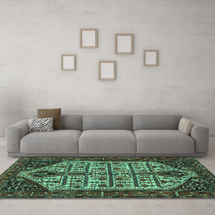 Machine Washable Persian Turquoise Traditional Area Rugs in a Living Room,, wshtr35turq