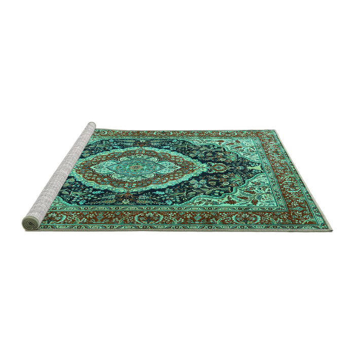 Sideview of Machine Washable Persian Turquoise Traditional Area Rugs, wshtr3603turq