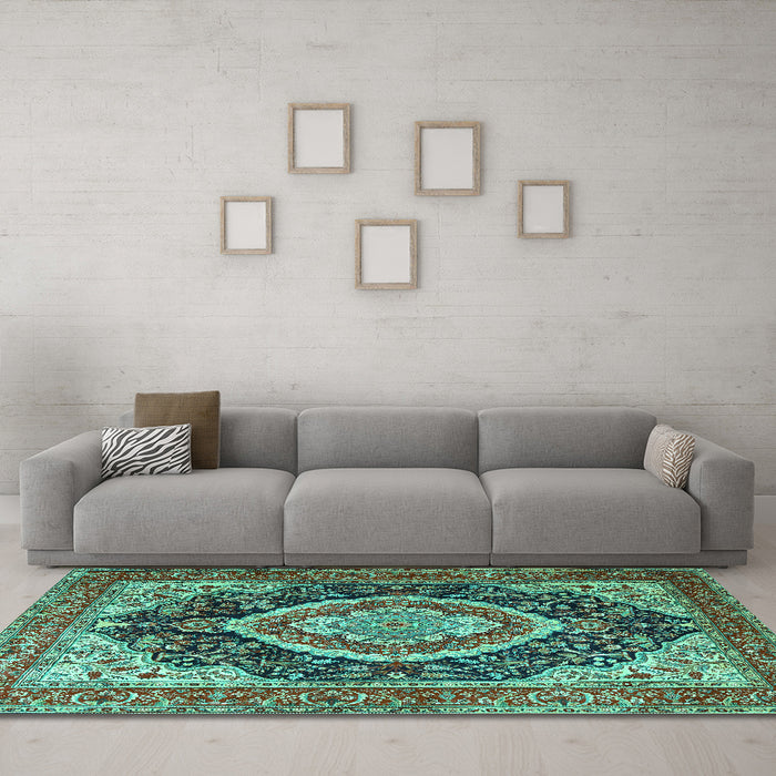Machine Washable Persian Turquoise Traditional Area Rugs in a Living Room,, wshtr3603turq