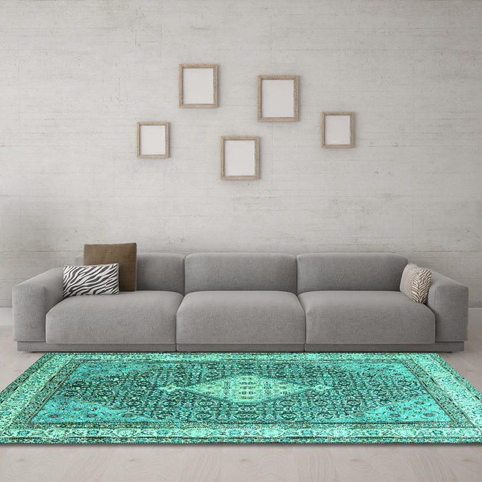 Machine Washable Persian Turquoise Traditional Area Rugs in a Living Room,, wshtr3604turq