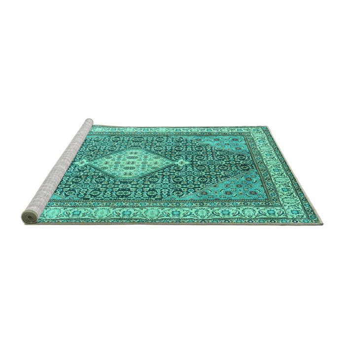 Sideview of Machine Washable Persian Turquoise Traditional Area Rugs, wshtr3604turq