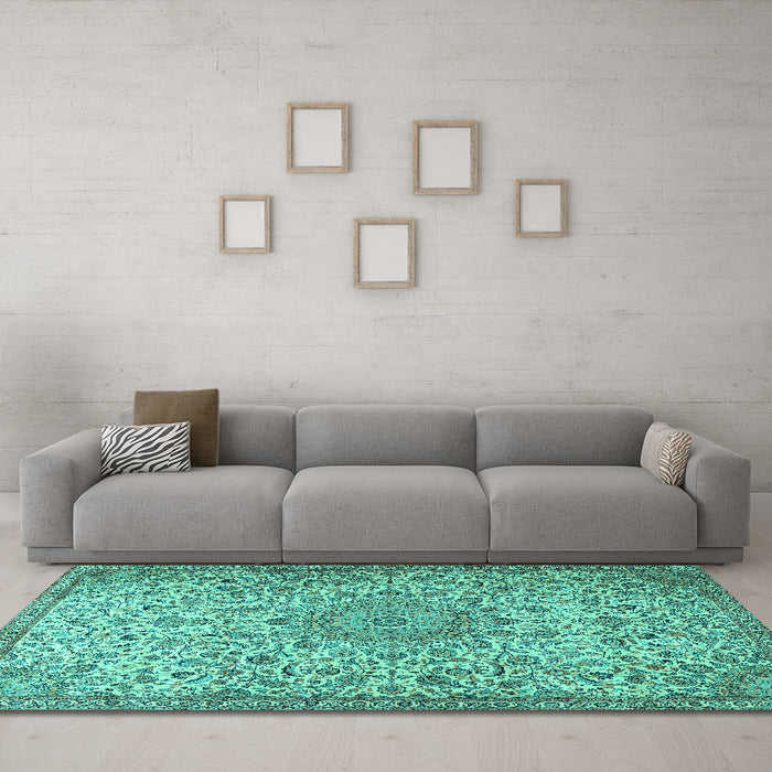Machine Washable Persian Turquoise Traditional Area Rugs in a Living Room,, wshtr3606turq