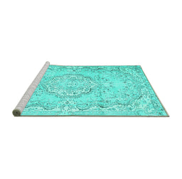 Sideview of Machine Washable Persian Turquoise Traditional Area Rugs, wshtr3609turq