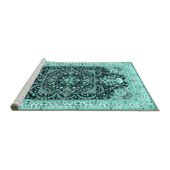Sideview of Machine Washable Persian Turquoise Traditional Area Rugs, wshtr360turq