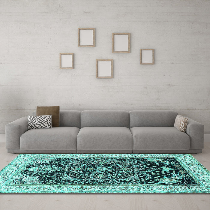 Machine Washable Persian Turquoise Traditional Area Rugs in a Living Room,, wshtr360turq