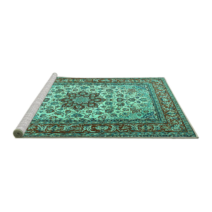 Sideview of Machine Washable Persian Turquoise Traditional Area Rugs, wshtr3613turq