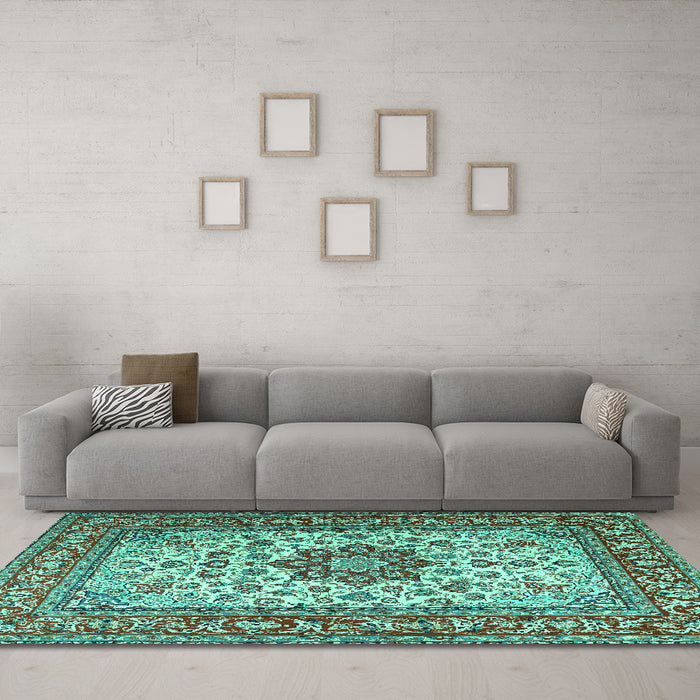 Machine Washable Persian Turquoise Traditional Area Rugs in a Living Room,, wshtr3613turq