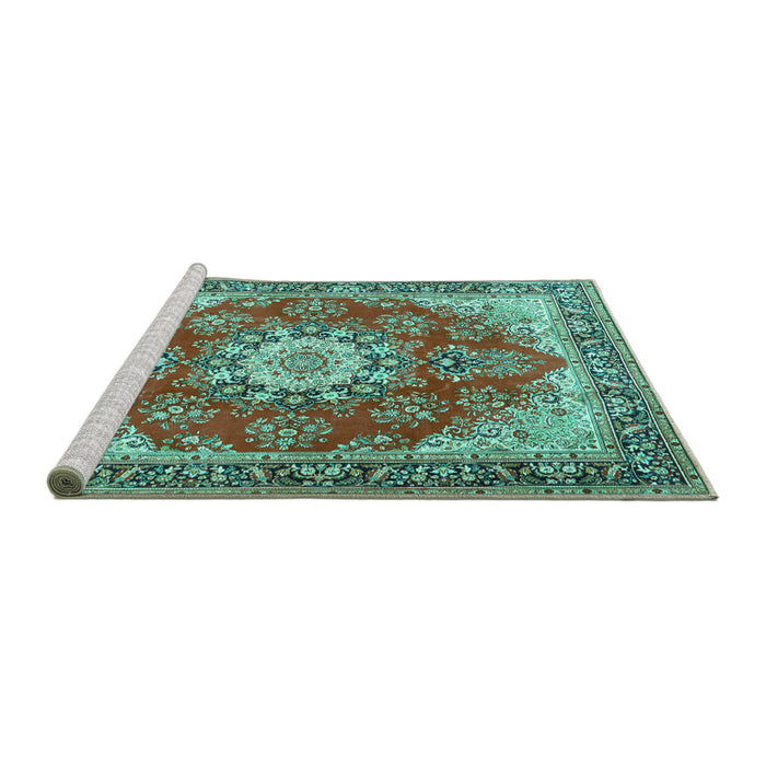 Sideview of Machine Washable Persian Turquoise Traditional Area Rugs, wshtr3615turq