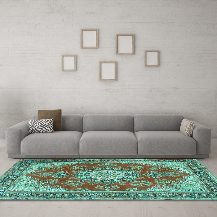 Machine Washable Persian Turquoise Traditional Area Rugs in a Living Room,, wshtr3615turq
