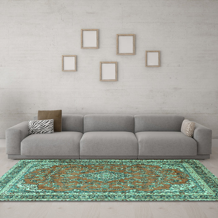Machine Washable Persian Turquoise Traditional Area Rugs in a Living Room,, wshtr3617turq