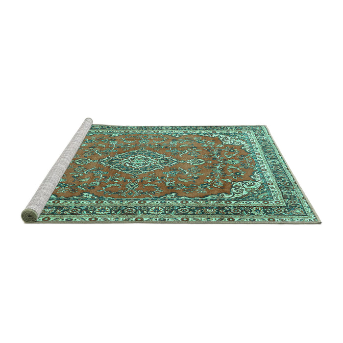 Sideview of Machine Washable Persian Turquoise Traditional Area Rugs, wshtr3617turq