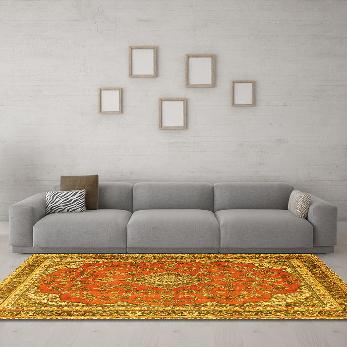 Machine Washable Persian Yellow Traditional Rug in a Living Room, wshtr3617yw