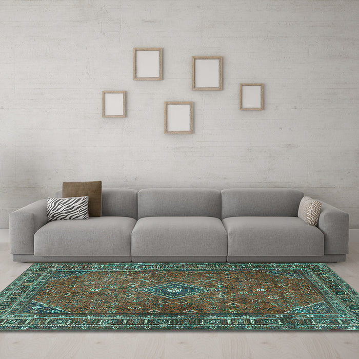 Machine Washable Persian Turquoise Traditional Area Rugs in a Living Room,, wshtr3618turq