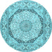 Round Machine Washable Medallion Light Blue Traditional Rug, wshtr361lblu