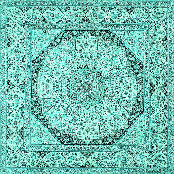 Square Machine Washable Medallion Turquoise Traditional Area Rugs, wshtr361turq