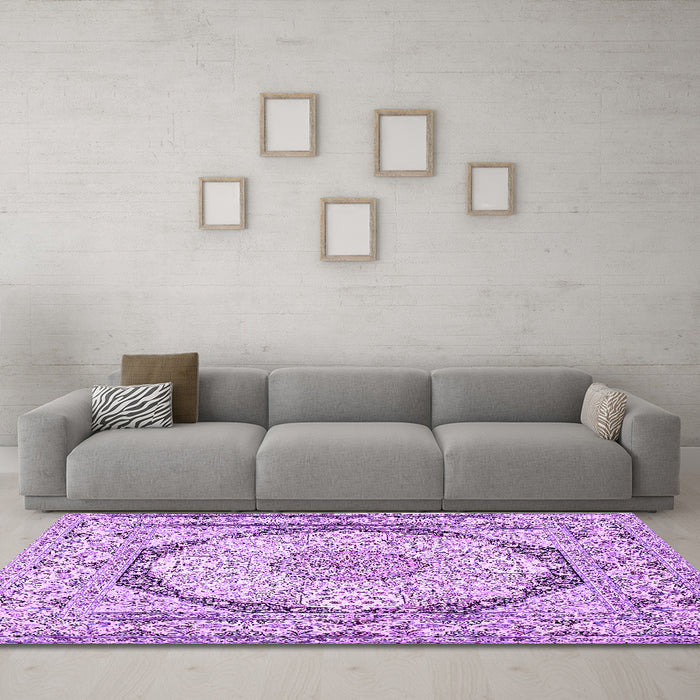 Machine Washable Medallion Purple Traditional Area Rugs in a Living Room, wshtr361pur