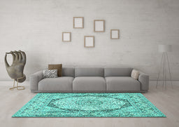 Machine Washable Medallion Turquoise Traditional Area Rugs in a Living Room,, wshtr361turq