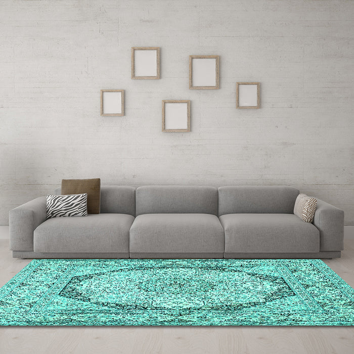 Machine Washable Medallion Turquoise Traditional Area Rugs in a Living Room,, wshtr361turq