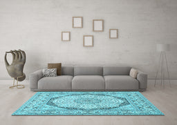 Machine Washable Medallion Light Blue Traditional Rug in a Living Room, wshtr361lblu