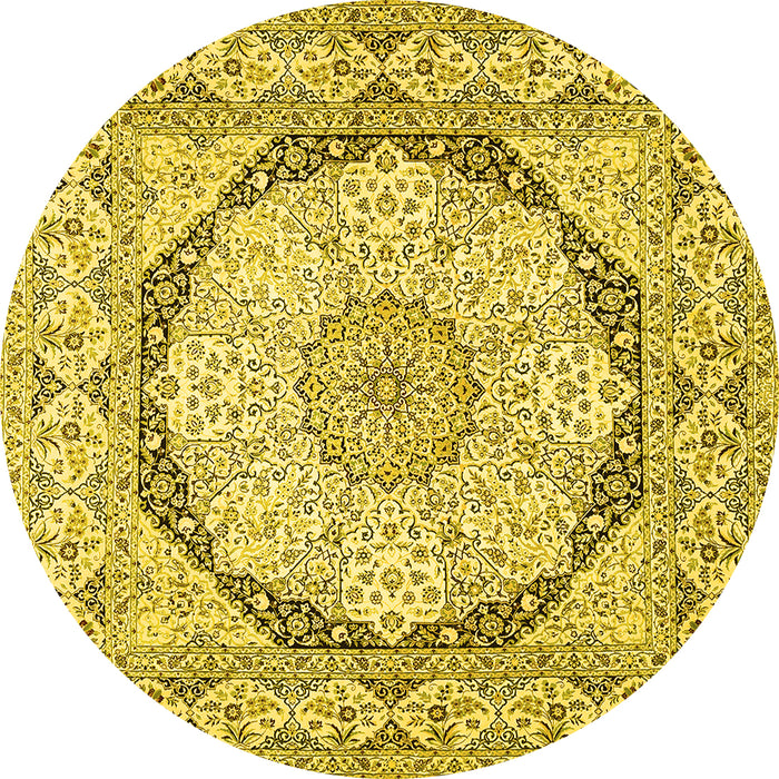 Round Machine Washable Medallion Yellow Traditional Rug, wshtr361yw