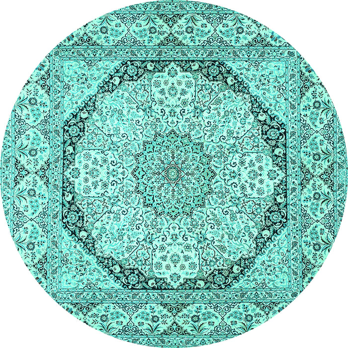 Round Machine Washable Medallion Turquoise Traditional Area Rugs, wshtr361turq