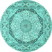 Round Machine Washable Medallion Turquoise Traditional Area Rugs, wshtr361turq