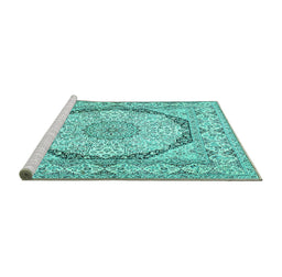 Sideview of Machine Washable Medallion Turquoise Traditional Area Rugs, wshtr361turq