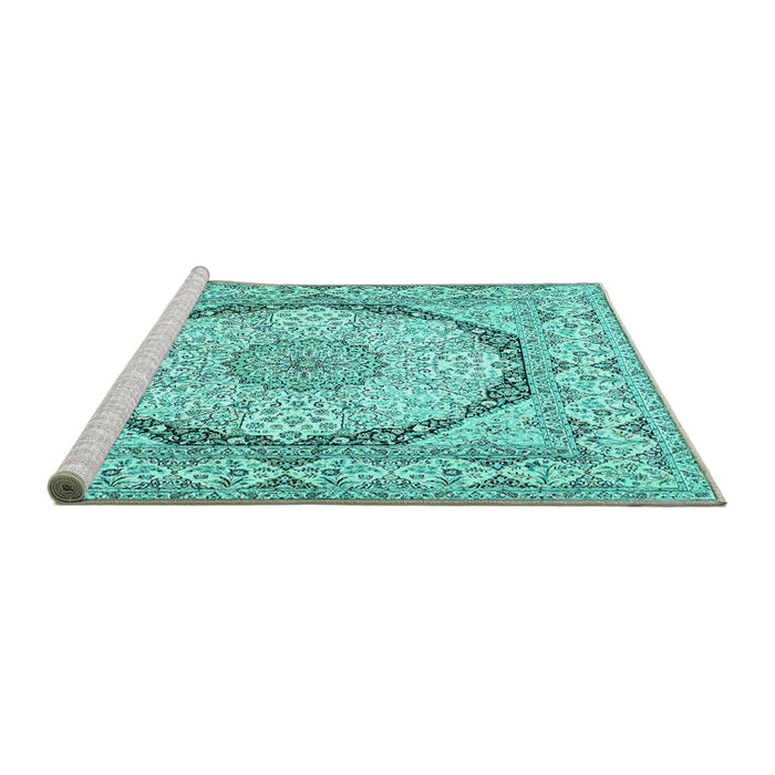 Sideview of Machine Washable Medallion Turquoise Traditional Area Rugs, wshtr361turq