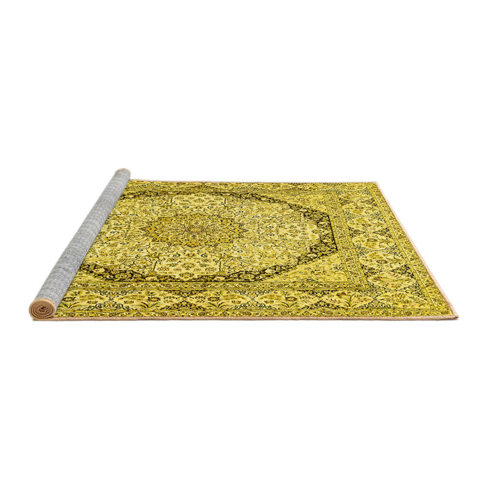 Sideview of Machine Washable Medallion Yellow Traditional Rug, wshtr361yw