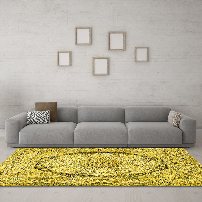 Machine Washable Medallion Yellow Traditional Rug in a Living Room, wshtr361yw