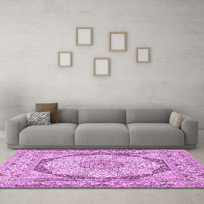 Machine Washable Medallion Pink Traditional Rug in a Living Room, wshtr361pnk