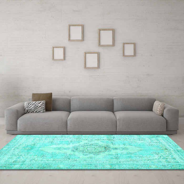 Machine Washable Persian Turquoise Bohemian Area Rugs in a Living Room,, wshtr3621turq