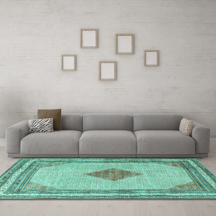 Machine Washable Persian Turquoise Traditional Area Rugs in a Living Room,, wshtr3622turq
