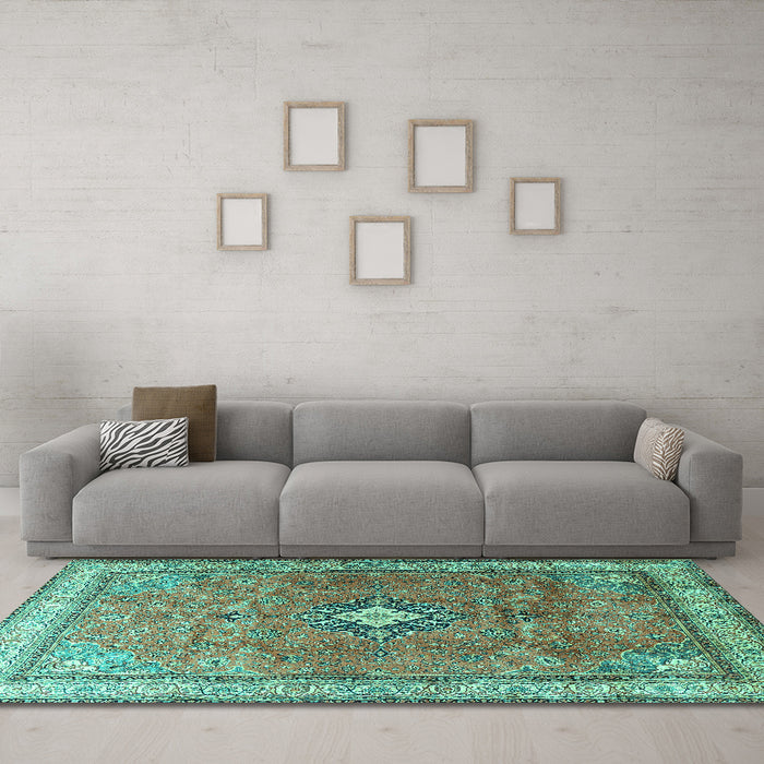 Machine Washable Persian Turquoise Traditional Area Rugs in a Living Room,, wshtr3625turq